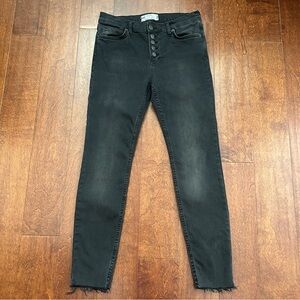 Free People Reagan Black Jeans, Button Front with Raw Hemline, Size 29